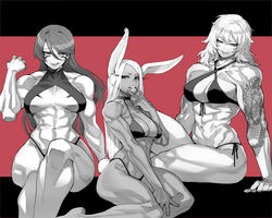  3girls :q abs absurdres animal_ears arm_tattoo bare_shoulders bikini black_bikini body_markings boku_no_hero_academia breasts choker cleavage condom condom_in_mouth criss-cross_halter dark-skinned_female dark_skin dragon_tattoo front-tie_bikini_top front-tie_top fuuma_kotarou_(tenkaichi) hair_between_eyes halterneck hand_up highres isshou_senkin large_breasts letterboxed long_eyelashes long_hair looking_at_viewer mirko monochrome mouth_hold multiple_girls muscular muscular_female navel o-ring o-ring_bikini obliques parted_bangs parted_lips rabbit_ears rabbit_girl rabbit_tail ratatatat74 red_background red_eyes sena_riko_(isshou_senkin) side-tie_bikini_bottom sitting smile spot_color stomach swimsuit tail tattoo teeth tenkaichi_nihon_saikyou_bugeisha_ketteisen thick_thighs thighs toned tongue tongue_out trait_connection v very_long_hair yellow_eyes 