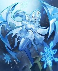  baniran_dorosu black_sclera blue_hair blue_skin breasts colored_sclera colored_skin female full_body fur_trim high_heels highres horns ice ice_wings looking_at_viewer medium_breasts monster_girl original personification pink_eyes single_horn snow_(baniran_dorosu) snowflakes solo wide_sleeves wings 