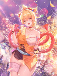  absurdres arm_tattoo bandaged_arm bandaged_leg bandages blush breasts butterfly_choker chest_sarashi chest_tattoo chinese_commentary choker cleavage collarbone convenient_censoring cowboy_shot earrings falling_petals female fingerless_gloves fireworks fish_tattoo flower_tattoo genshin_impact gloves hadanugi_dousa highres holding holding_fireworks japanese_clothes jewelry juuhachi_kin_(anthonyy1821) kimono large_breasts lens_flare light_particles orange_eyes orange_hair orange_kimono petals red_choker rope sarashi shimenawa short_kimono single_fingerless_glove skindentation solo sparkler tattoo yoimiya_(genshin_impact) 