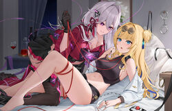  2girls alcohol armpits bare_legs bare_shoulders barefoot bed black_choker black_gloves black_shirt black_shorts black_skirt black_thighhighs blonde_hair blue_eyes bondage breasts bright_pupils center_opening choker cleavage crop_top cuffs cup drinking_glass eyewear_on_head gloves grin hair_between_eyes hair_intakes hand_up handcuffs highres honkai_(series) honkai_impact_3rd jacket large_breasts long_hair long_sleeves looking_at_another micro_shorts midriff miniskirt multiple_girls navel off_shoulder on_bed one_side_up open_clothes open_jacket open_mouth pillow pince-nez purple_eyes qing_wu red_ribbon red_shirt ribbon shirt short_shorts shorts single_thighhigh skindentation skirt sleeveless sleeveless_shirt smile songque_(honkai_impact) stomach string sunglasses thelema_(honkai_impact) thighhighs thighs white_hair white_jacket wine wine_glass yuri 