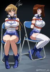  2girls absurdres blonde_hair blue_eyes blue_footwear blue_skirt bondage bondage bound bound_arms breasts brown_eyes brown_hair cloth_gag duel_academy_uniform_(yu-gi-oh!_gx) gag gagged highres improvised_gag jacket large_breasts long_hair mazaki_anzu medium_hair miniskirt multiple_girls on_chair sakura_painter sitting skirt sleeveless sleeveless_jacket tenjouin_asuka thighhighs turtleneck white_jacket white_thighhighs yu-gi-oh! yu-gi-oh!_duel_monsters yu-gi-oh!_gx 