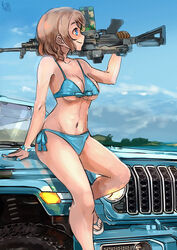  absurdres bikini blue_bikini blue_eyes blue_nails blue_sky breasts check_vehicle cloud collarbone day eotech female front-tie_bikini_top front-tie_top gun highres jeep_(company) jeep_wrangler light_brown_hair light_machine_gun losslessarts love_live! love_live!_sunshine!! m249 machine_gun md5_mismatch medium_breasts motor_vehicle nail_polish navel outdoors sandals short_hair side-tie_bikini_bottom sky solo swimsuit watanabe_you weapon 