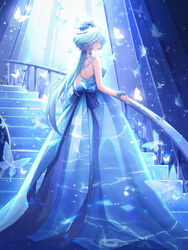  absurdres alternate_costume back backless_dress backless_outfit blue_dress blue_hair blue_theme breasts bug butterfly chinese_commentary closed_mouth dress female flower from_behind furina_(genshin_impact) genshin_impact gown hair_flower hair_ornament hand_on_railing highres juuhachi_kin_(anthonyy1821) light_particles long_hair looking_at_viewer looking_back median_furrow medium_breasts on_stairs solo spotlight wrist_flower 