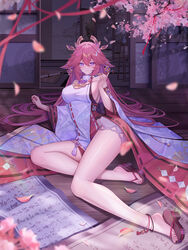  absurdres animal_ears bare_shoulders blush breasts cherry_blossoms detached_sleeves earrings female floppy_ears fox fox_ears fox_shadow_puppet genshin_impact hair_between_eyes hair_ornament highres japanese_clothes jewelry juuhachi_kin_(anthonyy1821) large_breasts long_hair looking_at_viewer low-braided_long_hair low-tied_long_hair nontraditional_miko pink_fur pink_hair purple_eyes smile solo thighs very_long_hair wide_sleeves yae_miko 