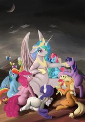  absurd_res accessory alicorn apple_bloom_(mlp) applejack_(mlp) ass bow_ribbon carrying_another cloud crescent_moon crown derpx1 derpy_hooves detailed_background dragon earth_pony equid equine feathered_wings feathers female feral fluttershy_(mlp) friendship_is_magic gesture granny_smith_(mlp) group hair_accessory hair_ribbon hairbow hasbro headgear hi_res hill horn horse inspired_by_formal_art jewelry lolicon looking_at_another lying male mammal mature_female minuette_(mlp) moon mrs._cake_(mlp) my_little_pony mythological_creature mythological_equine mythological_scalie mythology night old on_back on_side outside overcast parasprite_(mlp) pegasus pinkie_pie_(mlp) pony princess_celestia_(mlp) rainbow_dash_(mlp) rarity_(mlp) ribbons scalie scootaloo_(mlp) sitting size_difference sky slightly_chubby spike_(mlp) stick sweetie_belle_(mlp) tail tiara tongue tongue_out twilight_sparkle_(mlp) unicorn wings worship young young_female young_feral 