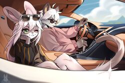  absurd_res anthro bugatti car cloud driving duo eyewear felid feline female green_eyes hair hi_res hybrid inside_car janiskisa kisa_(nervous_lotus) lagomorph leporid long_ears long_hair long_tail love male male/female mammal mountain rabbit sea sky steering steering_wheel sunglasses tail vehicle water white_hair 