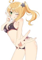  ;q ahoge bare_arms bikini black_bikini blush breasts cleavage closed_mouth commentary_request cowboy_shot curvy double_v female floating_hair foreshortening green_eyes hair_between_eyes hair_ornament hand_up happy highres large_breasts long_hair looking_at_viewer navel one_eye_closed orange_hair pnsk4125 ponytail side-tie_bikini_bottom sideboob simple_background smile solo star_(symbol) star_hair_ornament star_print string_bikini swimsuit tongue tongue_out v white_background yagami_mihono yome_sagashi_ga_hakadori_sugite_yabai. 