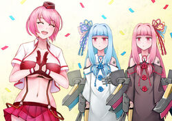  3girls azur_lane birthday_connection blue_eyes blue_flower blue_ribbon blunt_bangs closed_eyes commentary_request commission confetti crop_top crossover detached_sleeves eagle_union_(emblem) flower gloves kotonoha_akane kotonoha_aoi long_hair long_sleeves microskirt midriff multiple_girls pensacola_(azur_lane) pink_flower pink_hair pink_skirt pixiv_commission pleated_skirt purple_eyes red_gloves red_ribbon ribbon rigging sai-go short_sleeves siblings sisters skirt voiceroid 