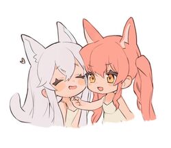  2girls animal_ears bare_arms blush_stickers cat_ears cat_girl cat_tail collarbone commentary_request dress heart highres multiple_girls nago_nago open_mouth orange_eyes original pink_hair scratching_chin simple_background sleeveless sleeveless_dress smile tail twintails upper_body white_background white_hair yellow_dress 