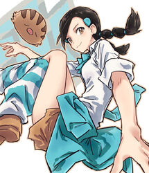  :3 bad_id bad_twitter_id black_hair blue_bow blue_bowtie blue_leg_warmers blue_sweater bow bowtie breasts brown_eyes brown_footwear brown_outline brown_skirt bullfalk candice_(pokemon) clothes_around_waist collared_shirt commentary_request female foot_out_of_frame from_side highres icicle_badge knees_up long_hair looking_at_viewer low_twintails miniskirt multi-tied_hair pokemon pokemon_dppt shirt short_sleeves skirt small_breasts striped_leg_warmers sweater sweater_around_waist swinub twintails two-tone_legwear v-shaped_eyebrows white_background white_leg_warmers 