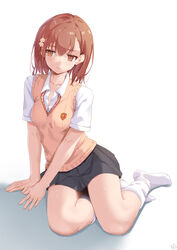  absurdres averting_eyes breasts brown_eyes brown_hair brown_sweater_vest closed_mouth collared_shirt emblem female grey_skirt hair_ornament hairpin hashtag-only_commentary highres kuuhaku_(pskf2372) loose_socks medium_hair miniskirt misaka_mikoto pleated_skirt school_emblem school_uniform shirt short_sleeves sitting skirt small_breasts socks solo summer_uniform sweater_vest toaru_kagaku_no_railgun toaru_majutsu_no_index tokiwadai_school_uniform white_background white_shirt white_socks yokozuwari 