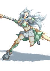  absurdres animal_ears apollousa_bow_of_the_goddess armored_boots asymmetrical_clothes boots bow_(weapon) breasts cleavage crop_top duel_monster female full_body gauntlets grey_eyes grey_hair highres holding holding_bow_(weapon) holding_weapon large_breasts midriff navel ne_(nu_kazuya) sideboob skirt sleeveless solo weapon white_skirt yu-gi-oh! 