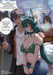  1boy animal_ears armband bangle bare_shoulders belt black_belt black_jacket blurry blurry_background blush bra bracelet breasts caelus_(honkai:_star_rail) choker cleavage closed_eyes condom condom_in_clothes covered_nipples crop_top denim embarrassed english_commentary english_text female fox_ears fox_girl fox_tail gem green_bra green_gemstone green_hair grey_eyes grey_hair hair_between_eyes hair_ornament hand_on_another&#039;s_shoulder highres honkai:_star_rail honkai_(series) jacket jeans jewelry jornyhail large_breasts midriff navel own_hands_together pants shirt speech_bubble straight tail trailblazer_(honkai:_star_rail) underwear white_shirt wide_hips yukong_(honkai:_star_rail) 