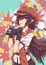  alternate_headwear autumn autumn_leaves belt black_gloves black_hair black_skirt brown_hat buttons camera collared_shirt commentary_request cross-laced_clothes eyebrows eyelashes eyewear_on_head feathered_wings female fingerless_gloves ginkgo_tree gloves hair_between_eyes hat holding holding_camera leaf leaf_print lips looking_at_viewer maple_leaf mumulatte parted_lips pointy_ears pom_pom_(clothes) puffy_short_sleeves puffy_sleeves red_eyes shameimaru_aya shirt short_hair short_sleeves skirt solo touhou upper_body vest wings 