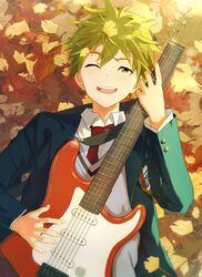  1boy ;d akiyama_hayato autumn_leaves bad_id bad_pixiv_id commentary_request ginkgo_tree green_hair idolmaster idolmaster_side-m leaf lying male_focus map_(map_imas) on_back one_eye_closed open_mouth smile solo 