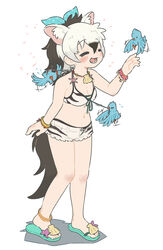  :d aardwolf_(kemono_friends) aardwolf_print absurdres animal_ears animal_print appleq arm_at_side bare_arms bare_shoulders bikini bikini_under_clothes bird black_hair blush bow breasts buttons cleavage closed_eyes commentary_request extra_ears female flying flying_sweatdrops front-tie_bikini_top front-tie_top full_body grey_hair hair_between_eyes hairbow hand_up happy high_ponytail highres jewelry kemono_friends kemono_friends_festival long_hair motion_lines multicolored_hair navel necklace official_alternate_costume open_clothes open_fly open_mouth open_shorts pendant photoshop_(medium) ponytail print_bikini print_shorts print_swimsuit pulling sandals shell shell_necklace shorts sidelocks simple_background small_breasts smile stomach string_pull swimsuit tail toes two-tone_hair unbuttoned walking white_background wristband 