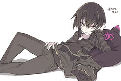  1boy black_hair blade_(galaxist) commentary_request killian_phegor looking_at_viewer male_focus photoshop_(medium) pop-up_story reclining shinigami simple_background smile solo st._feles_gakuen_uniform white_background yellow_eyes 