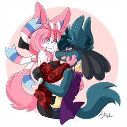  1:1 :3 anthro anthrofied black_body black_fur blue_body blue_eyes blue_fur blue_hair blush bottomwear bra breasts clothed clothing denim denim_bottomwear denim_clothing digital_media_(artwork) duo eeveelution female fingerless_gloves fur generation_4_pokemon generation_6_pokemon gloves hair hamsteroftime handwear hood hug jeans lucario lucrest male mammal nintendo nipples open_mouth pants pink_hair pokemon pokemon_(species) purple_eyes ribbons sakura_(hamsteroftime) shirt simple_background smile standing sylveon teeth tongue topwear underwear white_body white_fur 