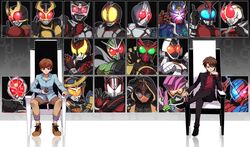  brown_hair card commentary_request crossed_legs glowing glowing_eyes head_rest highres hood kadoya_tsukasa kamen_rider kamen_rider_555 kamen_rider_agito kamen_rider_agito_(series) kamen_rider_blade kamen_rider_blade_(series) kamen_rider_build kamen_rider_build_(series) kamen_rider_dcd kamen_rider_den-o kamen_rider_den-o_(series) kamen_rider_double kamen_rider_drive kamen_rider_drive_(series) kamen_rider_ex-aid kamen_rider_ex-aid_(series) kamen_rider_faiz kamen_rider_fourze kamen_rider_fourze_(series) kamen_rider_gaim kamen_rider_gaim_(series) kamen_rider_ghost kamen_rider_ghost_(series) kamen_rider_hibiki kamen_rider_hibiki_(series) kamen_rider_kabuto kamen_rider_kabuto_(series) kamen_rider_kiva kamen_rider_kiva_(series) kamen_rider_kuuga kamen_rider_kuuga_(series) kamen_rider_ooo kamen_rider_ooo_(series) kamen_rider_ryuki kamen_rider_ryuki_(series) kamen_rider_w kamen_rider_wizard kamen_rider_wizard_(series) kamen_rider_zi-o_(series) pink_eyes pointing pointing_at_self pointing_up pose reaching reaching_towards_viewer scarf sitting smile throne thumbs_up tokiwa_sougo yoshino_(gunform) 