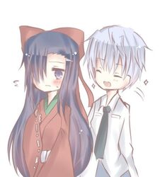  1boy akise_aru chibi closed_eyes couple female kasugano_tsubaki mirai_nikki open_eyes simple_background smile 