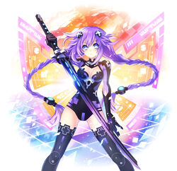  absurdres black_thighhighs blue_eyes blush braid breasts breasts_apart choujigen_action_neptune_u cleavage cleavage_cutout clothing_cutout cowboy_shot cross emblem female fighting_stance floating_hair glint gloves headgear highres holding holding_weapon huge_weapon legs_apart leotard long_hair looking_at_viewer magical_girl medium_breasts neon_trim neptune_(series) official_art photoshop_(medium) power_symbol power_symbol-shaped_pupils purple_hair purple_heart_(neptunia) red_cross serious solo sword symbol-shaped_pupils thighhighs tsunako turtleneck twin_braids very_long_hair weapon 