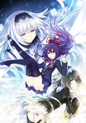  3girls :o arusu_maria arusu_marina black_hair black_legwear blazer blue_eyes date_a_live date_a_live:_arusu_install digital_dissolve dress dress_shirt finger_to_own_chin hair_ribbon hairband highres jacket long_hair long_sleeves multiple_girls neck_ribbon no_shoes official_art pleated_skirt puffy_long_sleeves puffy_sleeves purple_eyes purple_hair raizen_high_school_uniform ribbon school_uniform shirt skirt smile thighhighs tsunako very_long_hair white_hair yatogami_tooka yellow_eyes 