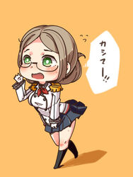  breasts chibi commentary_request female flying_sweatdrops glasses green_eyes horoyuki_(gumizoku) image_sample kantai_collection nicoseiga_sample ribbon skirt translated yellow_background 