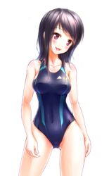  :3 :d black_hair blue_one-piece_swimsuit blush breasts collarbone commentary_request competition_swimsuit covered_navel cowboy_shot female hip_focus ina_(urobronai) legs_apart long_hair medium_breasts one-piece_swimsuit open_mouth original simple_background smile solo swimsuit thighs white_background 