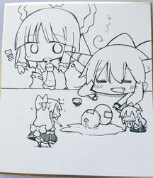  4girls :o ^^^ ahoge bad_id bad_pixiv_id blush bow closed_eyes commentary_request drooling drunk flying_sweatdrops gourd greyscale hair_tubes hairbow hakurei_reimu highres horns ibuki_suika kasuga_yuuki kneeling long_hair low-tied_long_hair mini_person minigirl monochrome multiple_girls multiple_persona oerba_yun_fang oni open_mouth skirt sleeping spilling squeans surprised teeth touhou very_long_hair 