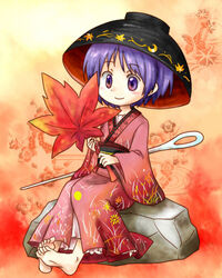  barefoot bowl commentary_request female gimicalmas japanese_clothes kimono leaf lowres maple_leaf mini_person minigirl needle purple_eyes purple_hair rock sitting smile solo sukuna_shinmyoumaru touhou 