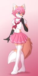  2017 5_fingers absolute_territory anthro asian_clothing blue_eyes bottomwear canid canine clothed clothing collar cosplay crop_top crossdressing dipstick_tail east_asian_clothing eyebrows facial_piercing femboy fingers fluffy fluffy_tail fox gradient_background hair hi_res japanese_clothing japanese_school_uniform jaxfenrir legwear male mammal markings midriff multicolored_tail navel piercing pink_background pink_hair sashatf school_uniform serafuku shirt simple_background skirt solo stockings tail tail_markings thigh_highs topwear uniform 