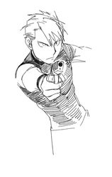  1boy aiming blackfoxes commentary_request finger_on_trigger frown fullmetal_alchemist genderswap_(ftm) greyscale gun handgun highres looking_away male_focus monochrome outstretched_arm pointing pointing_weapon riza_hawkeye rule_63 shirt short_hair simple_background weapon white_background 