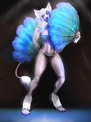  2017 4_toes anthro barefoot biped black_background black_bra black_clothing black_panties black_topwear black_underwear blue_claws bra burlesque canid canine canis chinese_crested_dog claws clothed clothing digital_media_(artwork) digitigrade domestic_dog eyeshadow fan_dance feathering feet female front_view full-length_portrait fur gem grey_body grey_skin grey_tail hair hairless hairless_dog hand_behind_back hand_fan hi_res holding_object inner_ear_fluff jewelry long_hair looking_at_viewer loose_feather makeup mammal panties pearl_(gem) pig_(artist) portrait signature simple_background sixty solo sparkles tail tail_tuft tattoo toe_claws toes topwear toy_dog tuft underwear white_hair yellow_eyes 