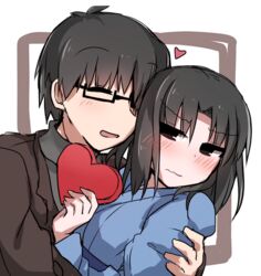  1boy black_hair blush box brown_eyes closed_eyes commentary_request female heart heart-shaped_box hug japanese_clothes kara_no_kyoukai kimono kokutou_mikiya ohitashi_netsurou open_mouth ryougi_shiki short_hair smile straight 