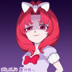  akagi_towa bow commentary_request dated evil_smile female go!_princess_precure hairbow precure purple_background red_bow red_eyes red_hair shirt short_hair smile solo troll_face white_bow white_shirt yoshimune 