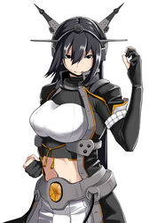  black_coat black_eyes black_gloves black_hair breasts coat commentary elbow_gloves female framed_breasts gloves headgear highres kantai_collection large_breasts long_hair looking_at_viewer nagato_(kancolle) navel partially_fingerless_gloves pleated_skirt remodel_(kantai_collection) satsumaimo_pai skirt white_background 