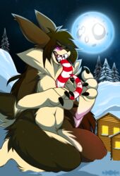  anthro bunniehkins christmas claws digital_media_(artwork) female fur hair hi_res holidays kaiju lagomorph large_tongue leporid long_tongue macro mammal nude pinup pose rabbit snow solo striped_tongue teeth tongue tongue_out unknown_species village were werelagomorph wererabbit 