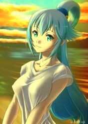  aqua_(konosuba) blue_eyes blue_hair breasts cloud collarbone commentary_request covered_nipples evening female hair_rings highres kono_subarashii_sekai_ni_shukufuku_wo! large_breasts long_hair looking_at_viewer oshiyon parted_lips shirt single_hair_ring smile solo t-shirt taut_clothes taut_shirt white_shirt 