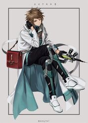  1boy bad_id bad_twitter_id brown_eyes brown_hair coat collared_shirt crossed_legs doctor_(granblue_fantasy) frown gran_(granblue_fantasy) granblue_fantasy lab_coat male_focus mmytwi shirt sitting solo 