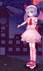  absurdres ascot bad_id bad_pixiv_id bat_wings blue_hair bow colored_eyelashes commentary commentary_typo female hat hat_bow highres kneehighs miniskirt mob_cap moon red_eyes red_moon remilia_scarlet skirt skirt_set sleeveless snowing socks solo sonikey0_0 touhou wings 