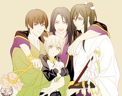  4boys ^_^ black_hair brown_hair closed_eyes commentary_request ginmu gohei gourd green_eyes grey_eyes hotarumaru ishikirimaru japanese_clothes jirou_tachi male_focus multiple_boys oonusa open_mouth ponytail smile tarou_tachi touken_ranbu track_suit white_hair yellow_eyes 