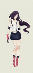  bare_shoulders black_hair breasts female female final_fantasy final_fantasy_vii gloves hips knees large_breasts legs lips long_hair midriff navel robasarel shoes skirt smile solo suspenders tifa_lockhart 