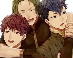  3boys akke black_hair blue_eyes blue_hair closed_eyes commentary_request fire_emblem fire_emblem_echoes:_shadows_of_valentia forsyth_(fire_emblem) green_eyes green_hair hug hug_from_behind looking_at_viewer lukas_(fire_emblem) male_focus multicolored_hair multiple_boys open_mouth portrait python_(fire_emblem) red_eyes red_hair simple_background smile teeth two-tone_hair white_background 