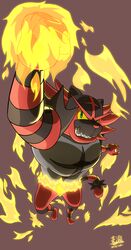  ambiguous_gender anthro barazoku black_body black_fur felid fire fur generation_7_pokemon hi_res incineroar mammal muscular muscular_ambiguous muscular_anthro nintendo pokemon pokemon_(species) red_body red_fur smile solo subaru_aotk teeth 