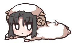  :&lt; animal_costume black_hair blush chibi commentary_request female full_body horns kara_no_kyoukai ohitashi_netsurou ryougi_shiki sheep_costume sheep_horns short_hair simple_background solo white_background 