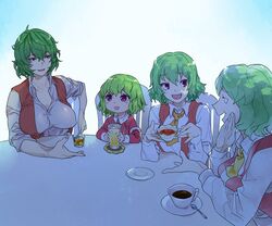  4girls 58.2kg :d aged_down akira_(cookie) ascot breasts buttons chair collared_shirt commentary_request cookie_(touhou) covered_nipples cup drinking_glass green_hair hair_between_eyes hand_up holding holding_cup ice ice_cube jewelry kazami_yuuka large_breasts lemonade long_sleeves macota_(cookie) multiple_girls oerba_yun_fang open_mouth profile purple_eyes red_eyes redqueen_(cookie) reitetsu_(cookie) ring saucer shirt short_hair sitting sleeveless sleeves_rolled_up smile spoon table talking tea teacup teaspoon touhou upper_body white_shirt 