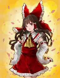  :o ascot bow brown_hair chobi_(sakuyasakuhana) collar commentary_request detached_sleeves female frilled_shirt_collar frilled_skirt frills hair_tubes hairbow hakurei_reimu hands_on_own_hips long_hair petals red_bow red_skirt ribbon-trimmed_sleeves ribbon_trim skirt skirt_set sleeves_past_wrists solo touhou v-shaped_eyebrows 