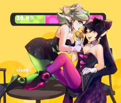  2girls artist_name bad_id bad_pixiv_id black_hair bread breasts callie_(splatoon) cleavage commentary_request cousins detached_collar dress fangs food grey_hair inkling kneeling lilaccu marie_(splatoon) medium_breasts mole mole_under_eye multiple_girls object_on_head open_mouth pantyhose pointy_ears short_dress short_jumpsuit splatoon_(series) splatoon_1 strapless strapless_dress tentacle_hair tongue tongue_out white_hair yellow_eyes 