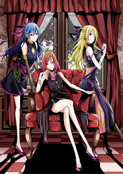  3girls arm_support ayase_eli black_dress black_gloves black_pantyhose black_ribbon blonde_hair blue_eyes blue_hair bracelet breasts brown_eyes checkered_floor cleavage collarbone commentary_request crossed_legs diadem dress elbow_gloves frilled_dress frills full_body gloves hair_ornament hair_ribbon head_rest highres holding indoors jewelry leaning_forward long_hair looking_at_viewer love_live! love_live!_school_idol_project multiple_girls nishikino_maki no_socks pantyhose purple_eyes purple_ribbon red_hair ribbon shadow short_dress sitting small_breasts smile soldier_game sonoda_umi standing very_long_hair vice_(kuronekohadokoheiku) white_gloves window 