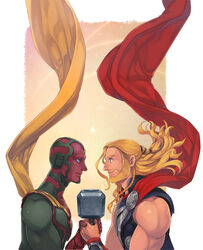  2boys android animification avengers:_age_of_ultron avengers_(series) beard blonde_hair blue_eyes braid cape commentary_request facial_hair hammer male_focus marvel marvel_cinematic_universe mjolnir_(marvel) multiple_boys nikumeron superhero_costume symmetry thor_(marvel) vision_(marvel) 